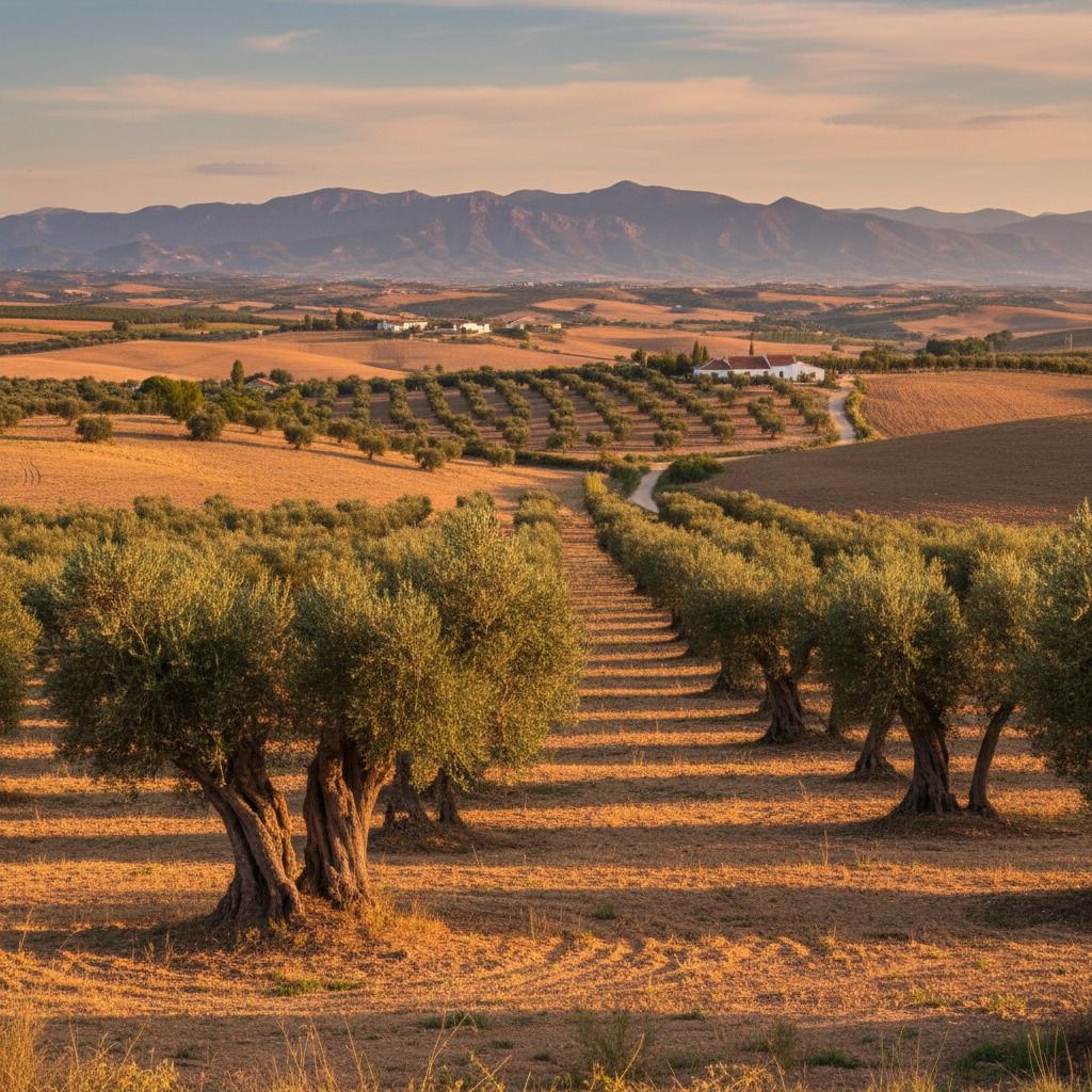 Paisaje rural con un extenso olivar en primer plano y montañas al fondo bajo un cielo al atardecer.